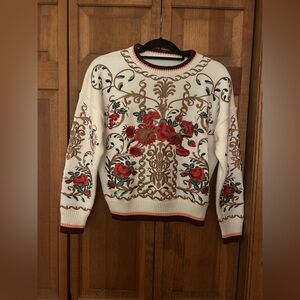 Boho Bohemian Women’s Sz S White & Red Floral Whimsical Wool Blend Sweater